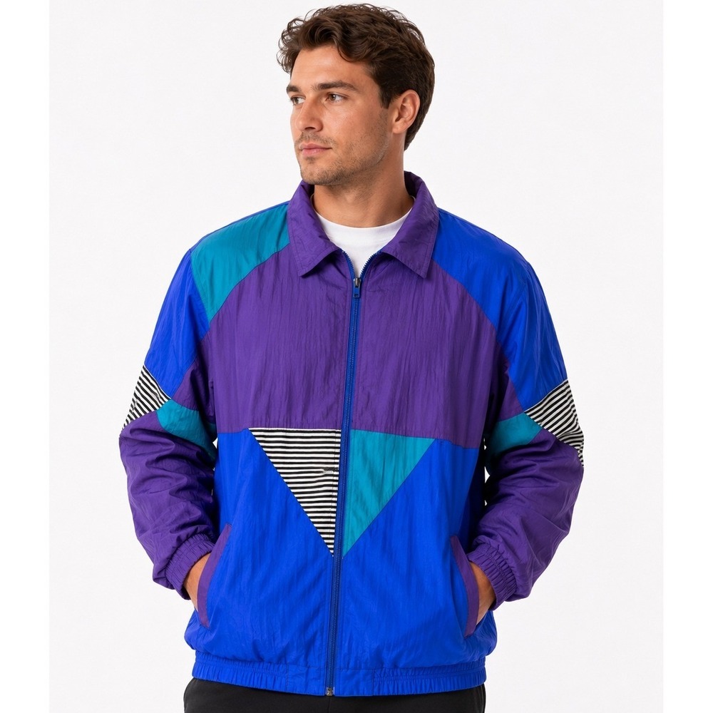 Eagles Ridge Sport Windbreaker Jacket Mens Large Blue Vintage 90s Colorblock Zip